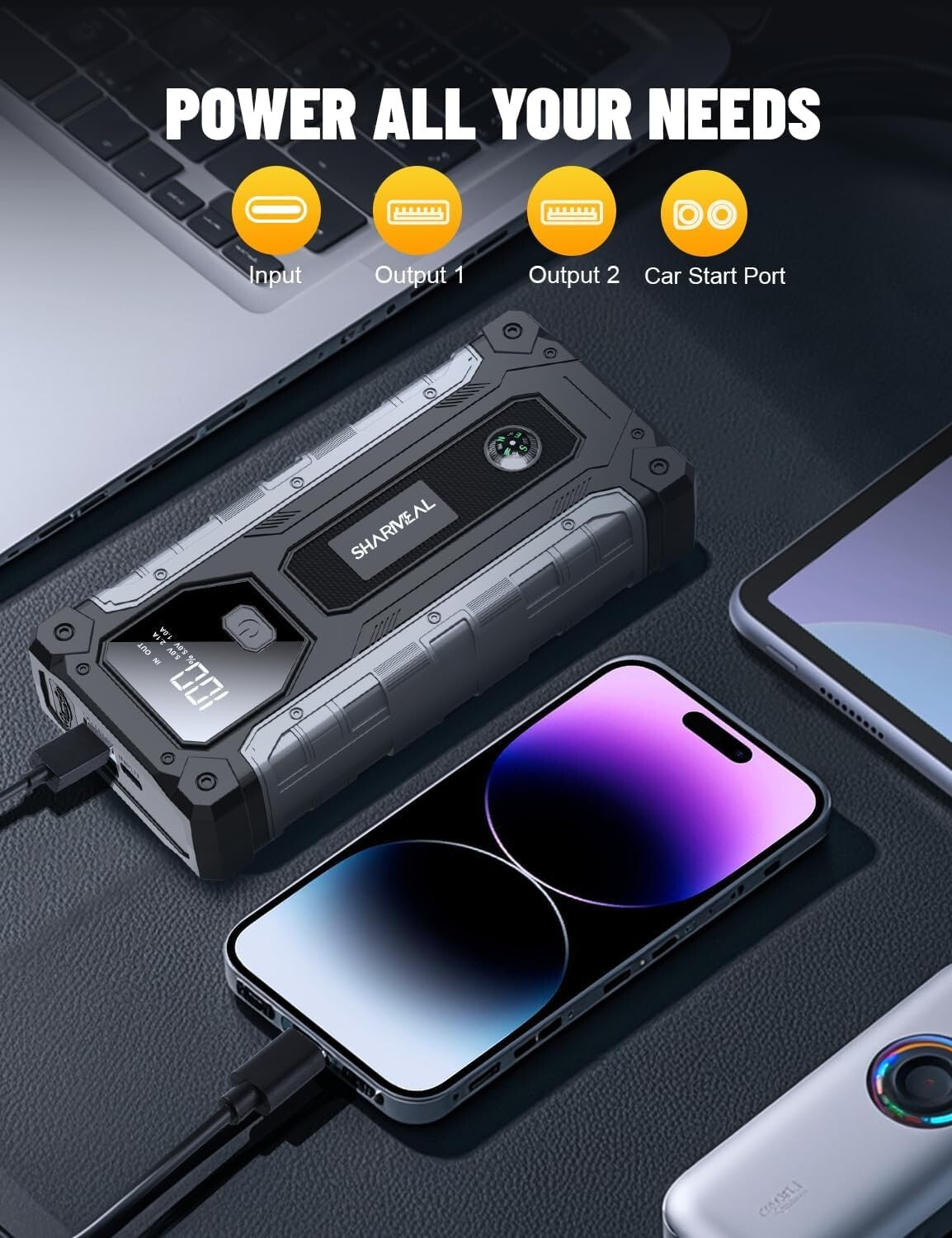 Robust 4000 Amp Jump Starter Pack with Integrated Safety Features & LED Light