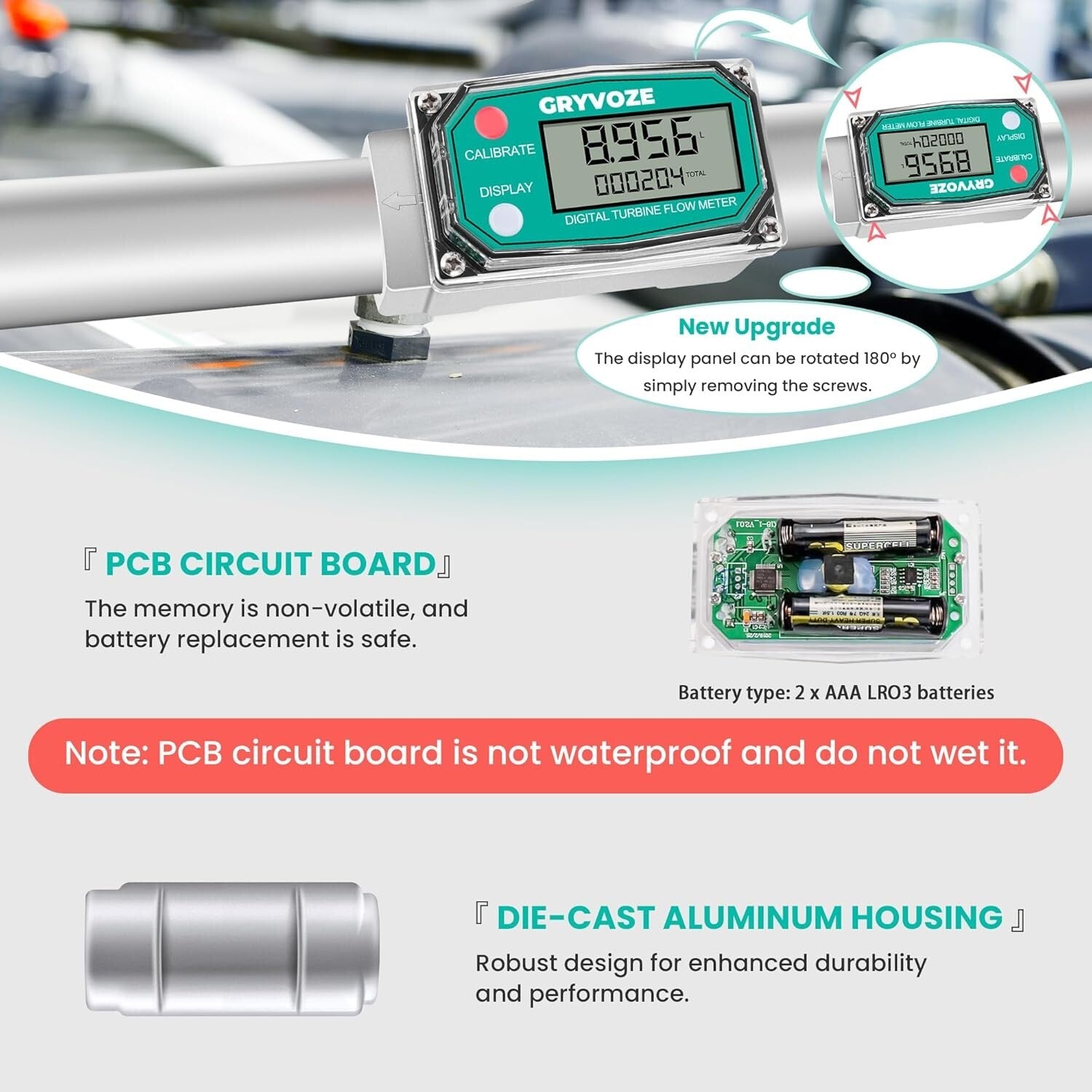 1 Inch Inline Digital Flow Meter - Supports Fluid Measurements up to 26 GPM