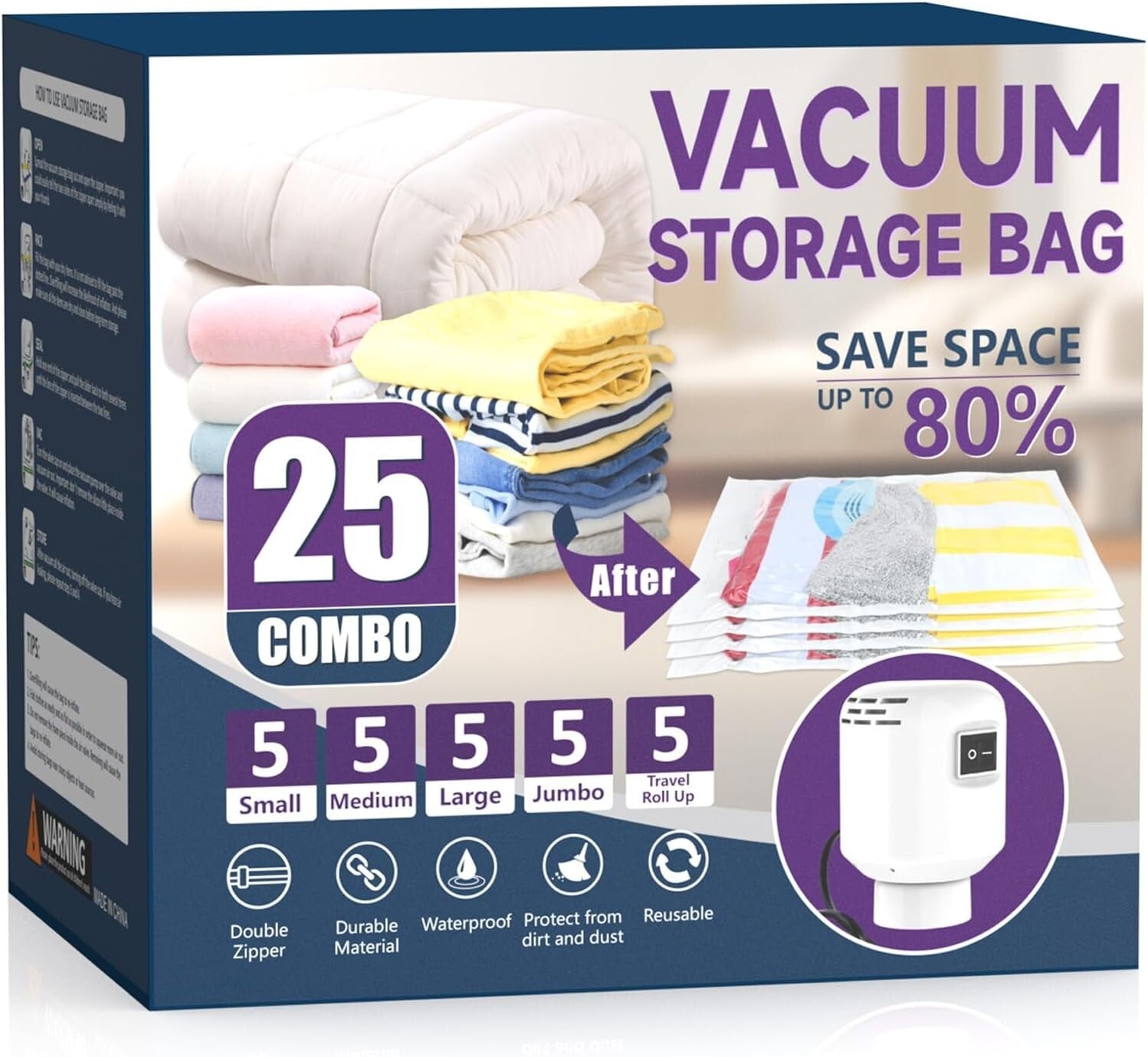 Heavy-Duty Vacuum Seal Bags Set (25), 5 Sizes + Electric Air Pump Included