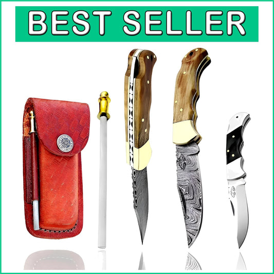 Handcrafted Damascus Steel Folding Knife with Leather Sheath - A Collector's Gem