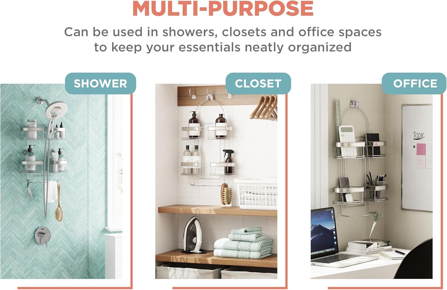 Adjustable Stainless Steel Shower Caddy with 4 Expandable Baskets for Storage