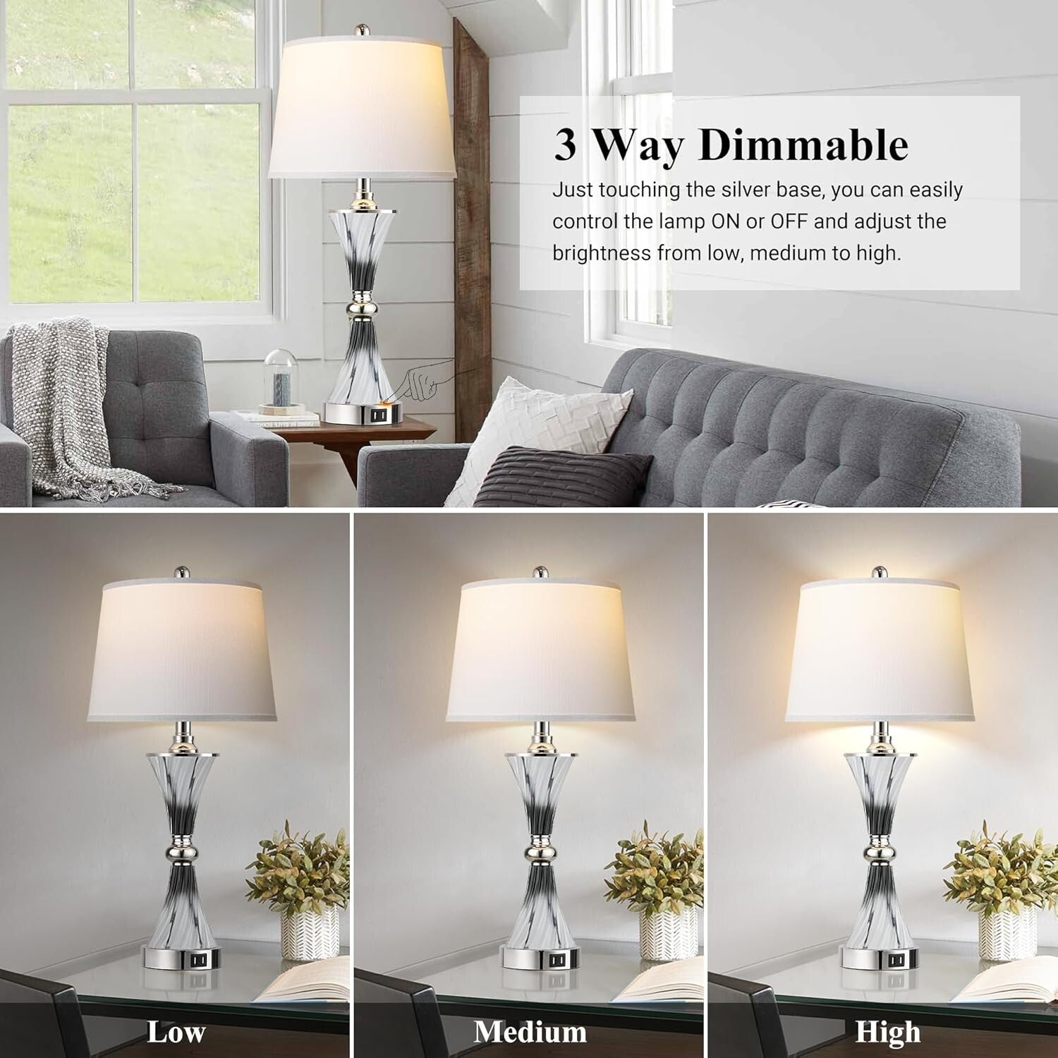 Elegant 3-Way Dimmable Touch Glass Lamps Set of 2 with USB Ports - Dark Grey