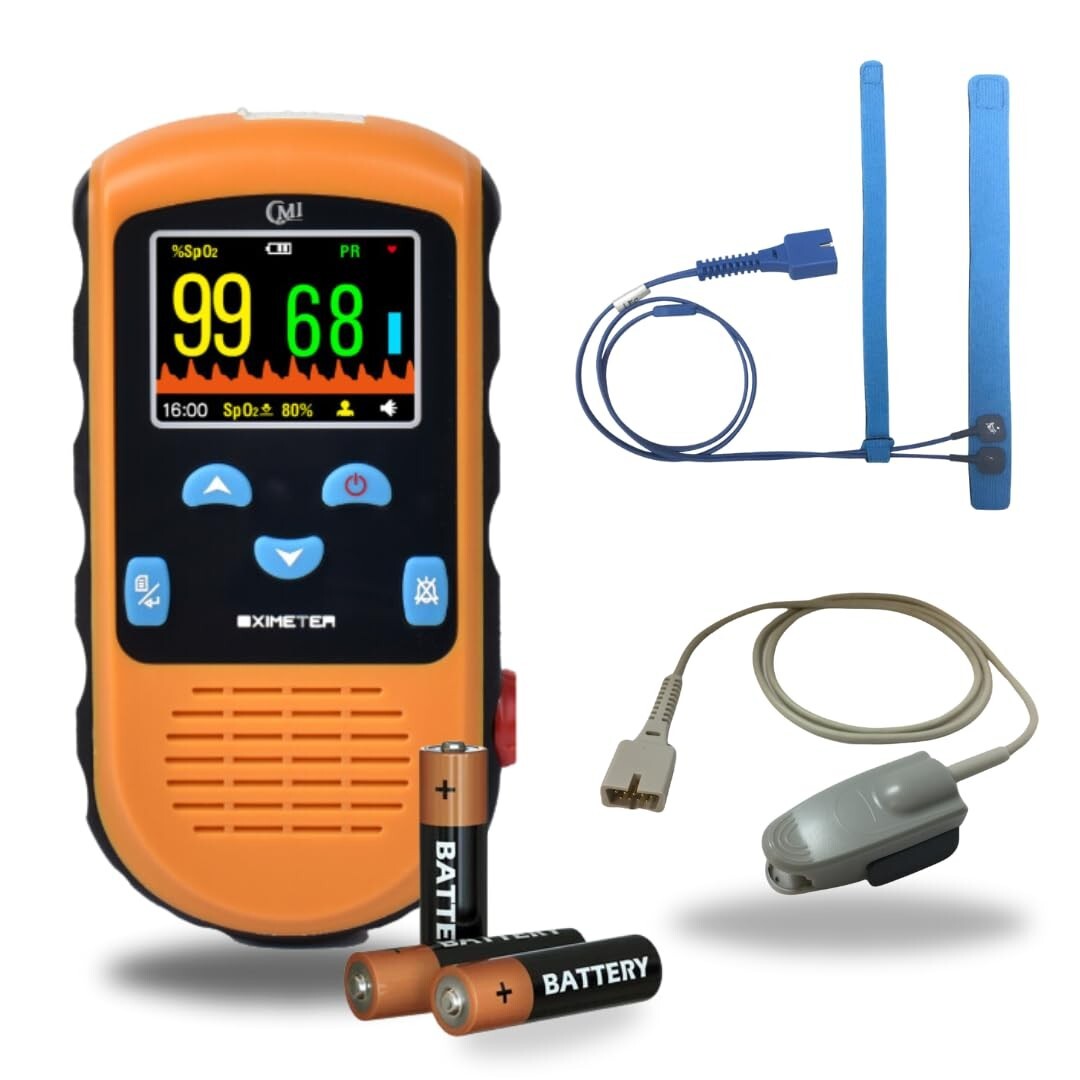 Battery Operated Pulse Oximeter for Infants & Adults - Adjustable Alarm & Case