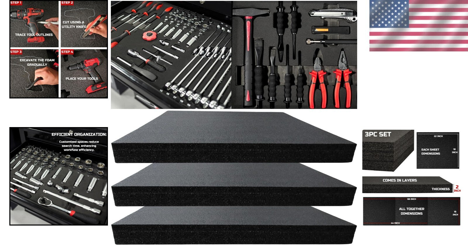 Protective Black Polyethylene Tool Box Foam - 3 Pack, Easy to Cut & Install