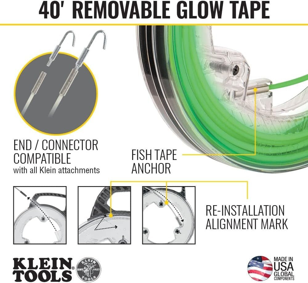 40-Foot Glow-in-the-Dark Fiberglass Fish Tape with Nylon Tip and Steel Connector