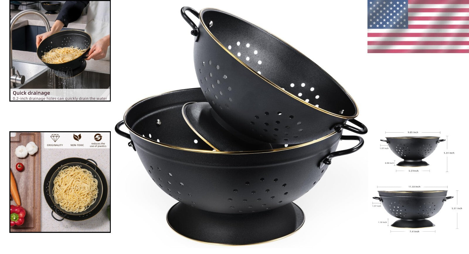 Elegant Matte Black Colanders - Rust-Resistant Metal Strainer Set for All Foods