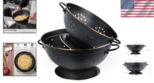 Elegant Matte Black Colanders - Rust-Resistant Metal Strainer Set for All Foods
