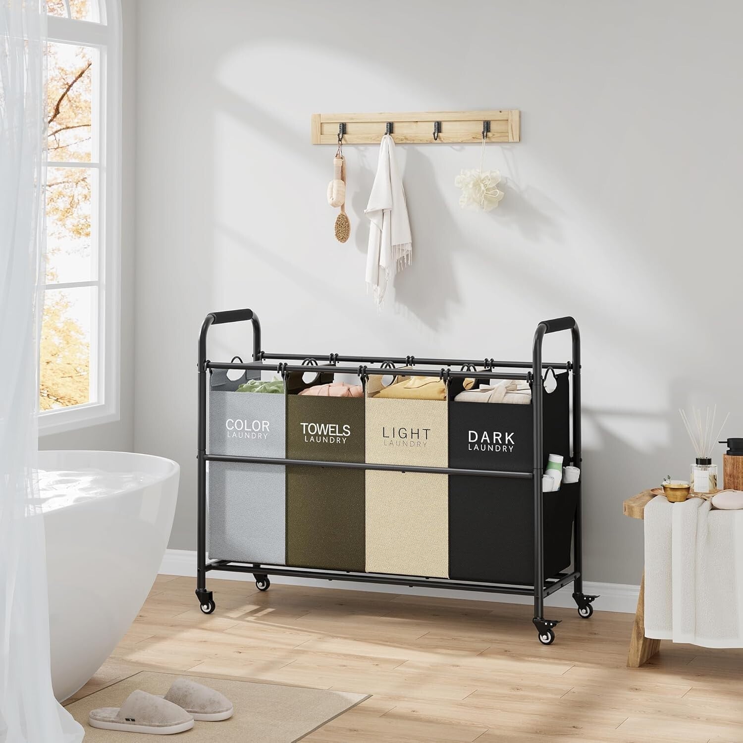 Heavy-Duty 4-Section Laundry Hamper on Wheels - Removable waterproof Bags