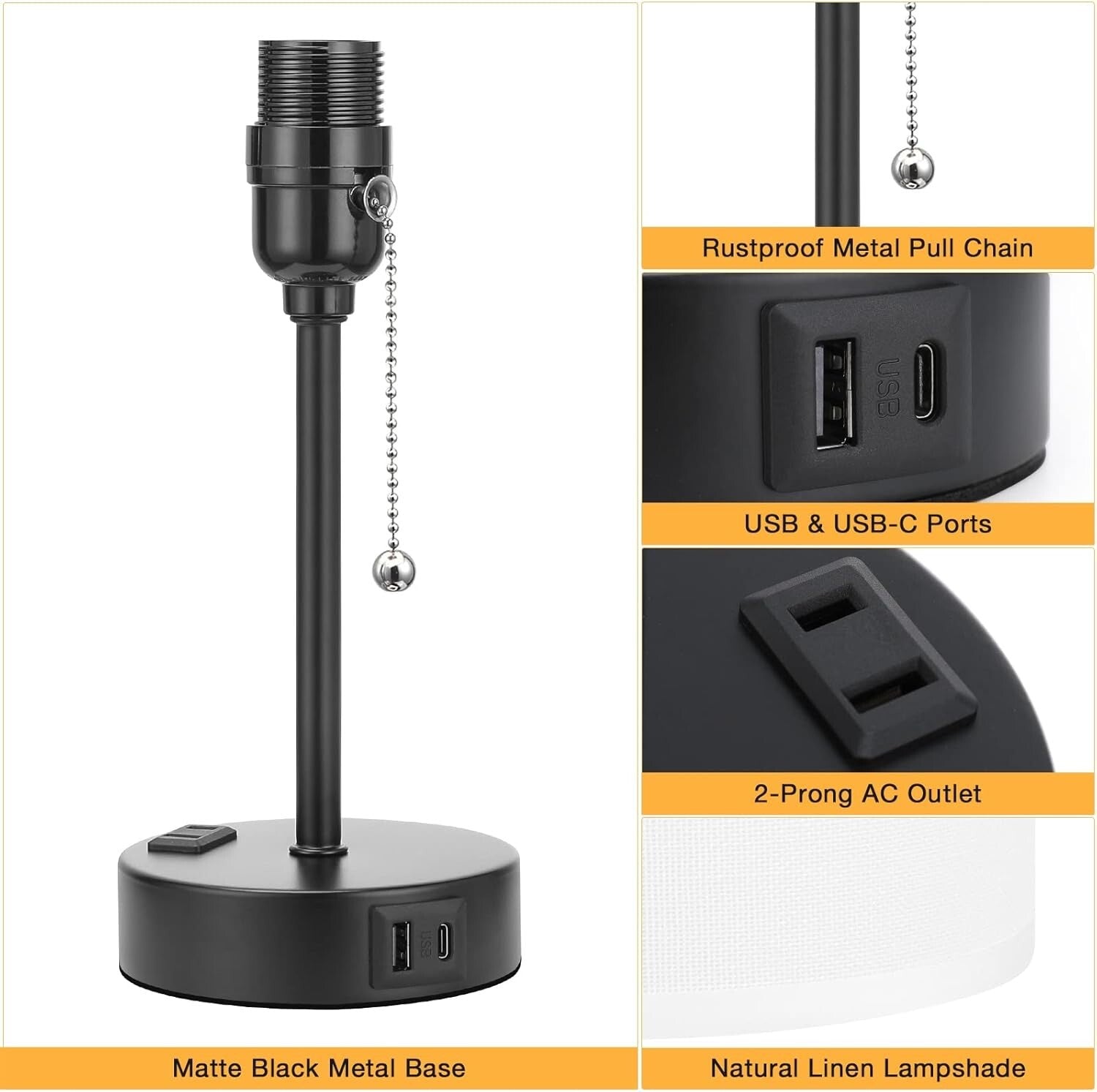 Elegant Black & White Bedside Table Lamps with USB & AC Outlet - 3 Color Modes