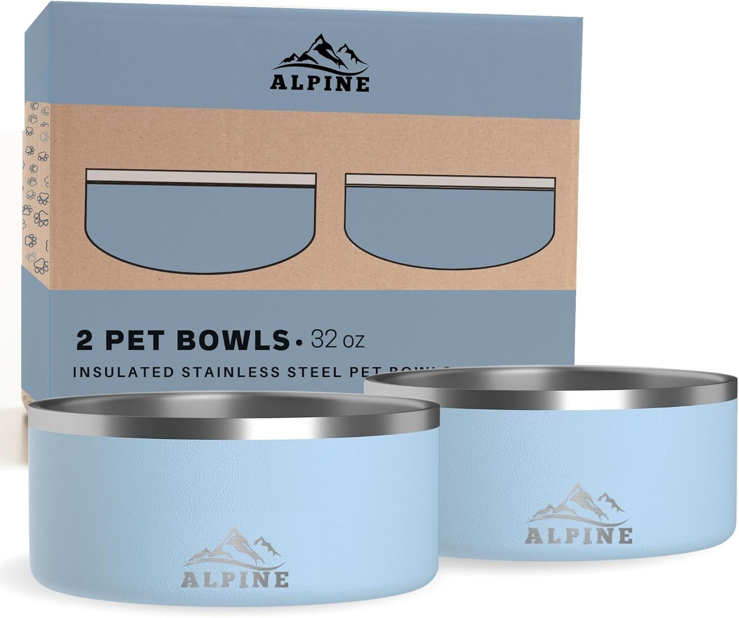 Set of 2 Non-Slip Stainless Steel Dog Bowls - 32 Oz Insulated & Dishwasher Safe