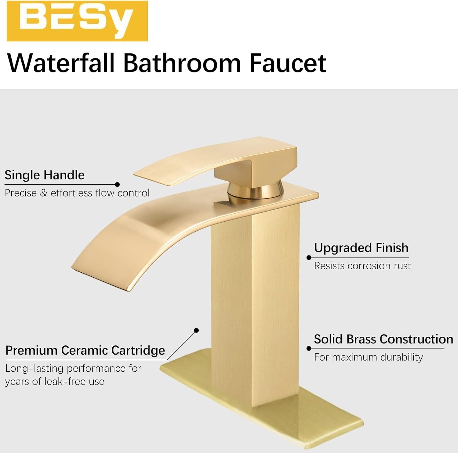 Stylish Brushed Gold Sink Faucet - Waterfall Spout, Short Design, Easy Install