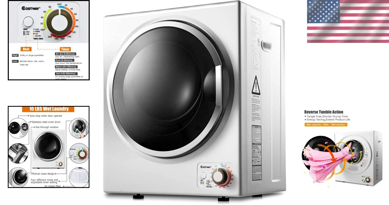 Efficient 110V Electric Clothes Dryer - 10 lbs Capacity, 4 Modes, Compact Design