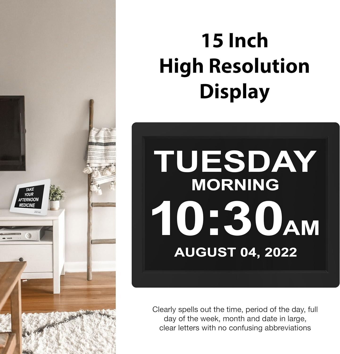 Elegant Mahogany Digital Clock with Custom Alarms for Seniors – 15-Inch Display