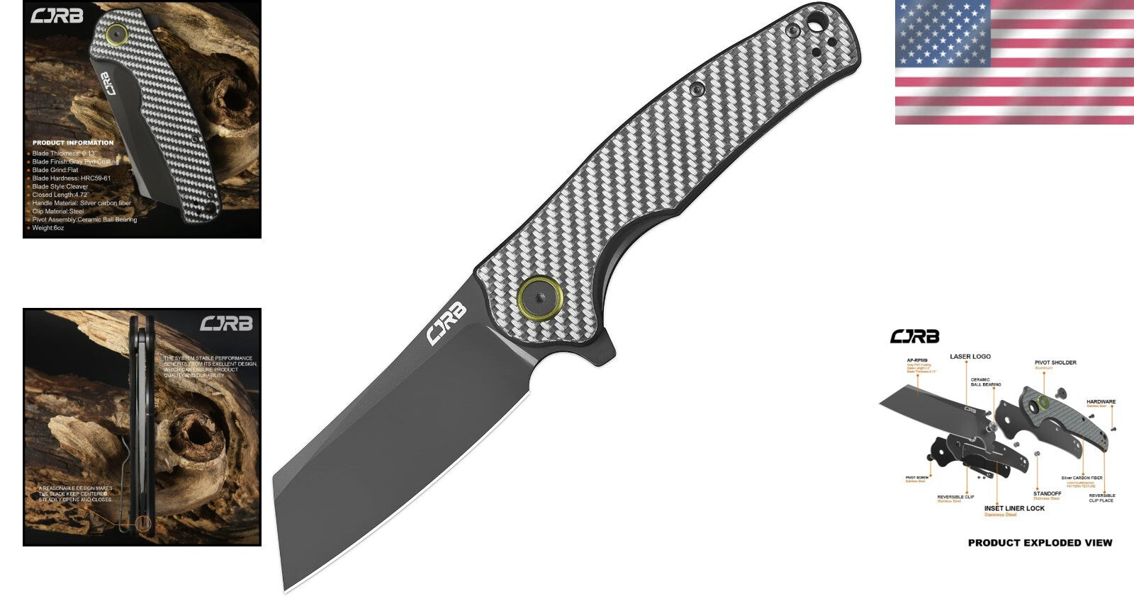 CJRB Crag Folding Pocket Knife with 3.43" AR Steel Blade & Carbon Fiber Handle