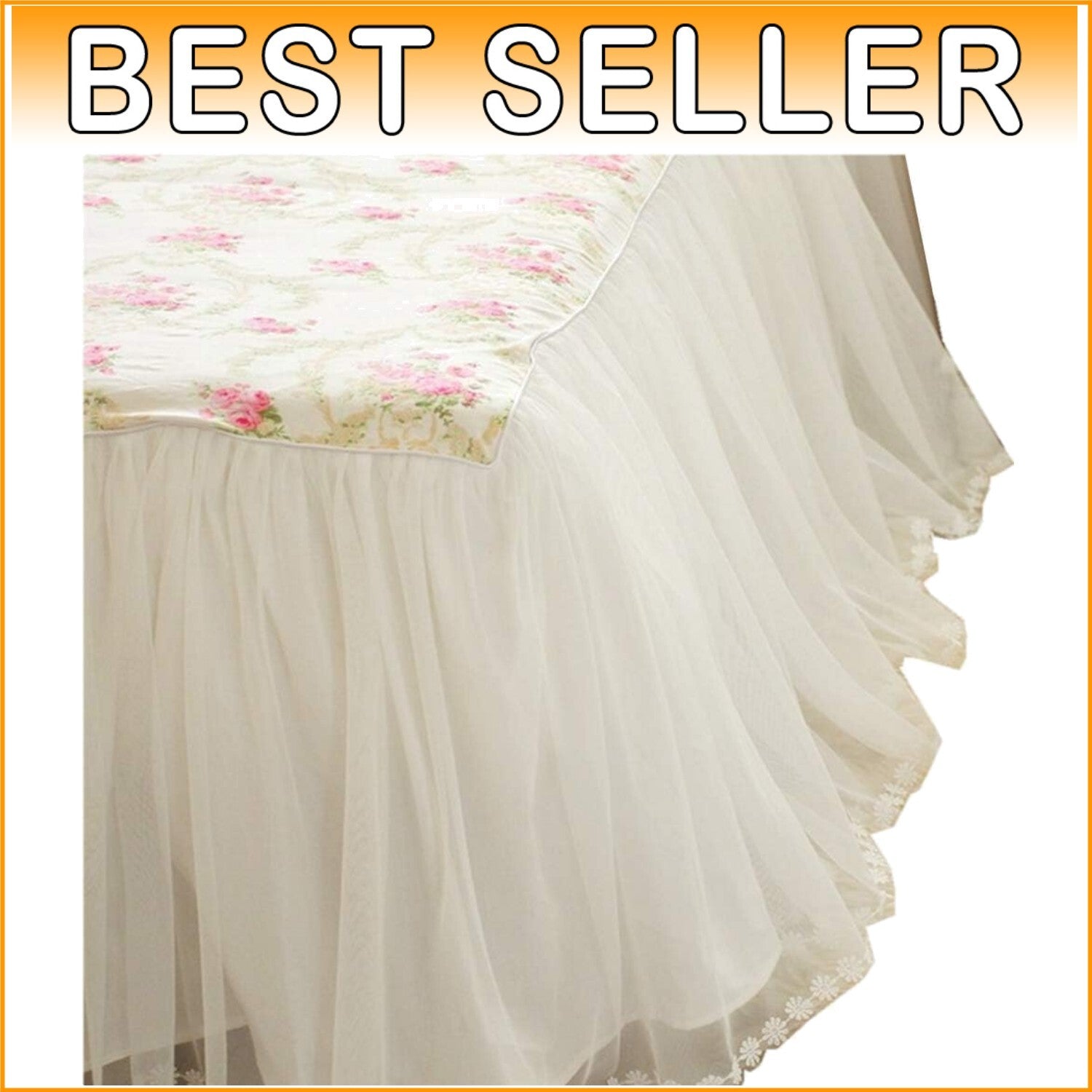 Elegant King Size Dust Ruffled Bed Skirt with 18" Deep Floral Lace Design