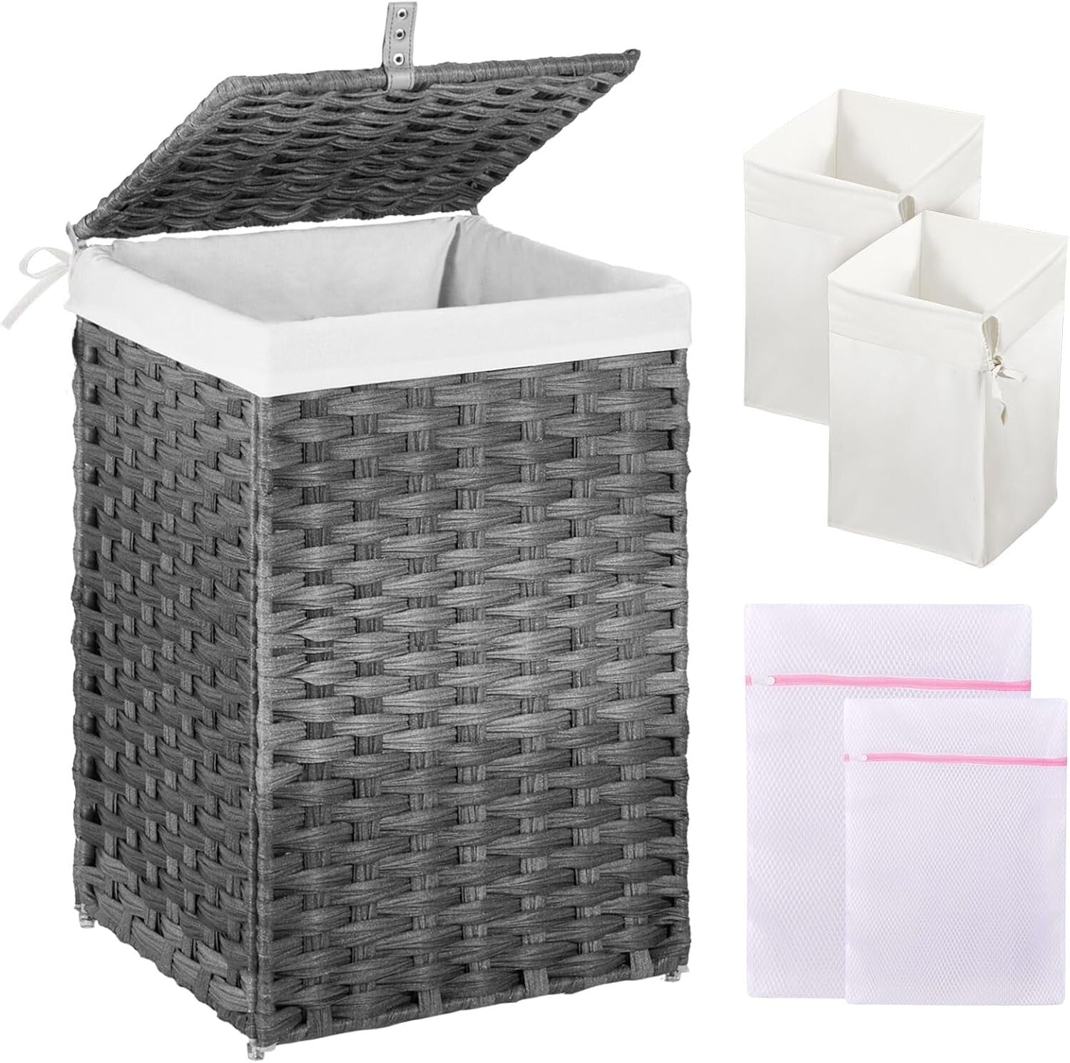 Elegant 60L Handwoven Rattan Laundry Hamper with Dual Liner Bags & Mesh Bags