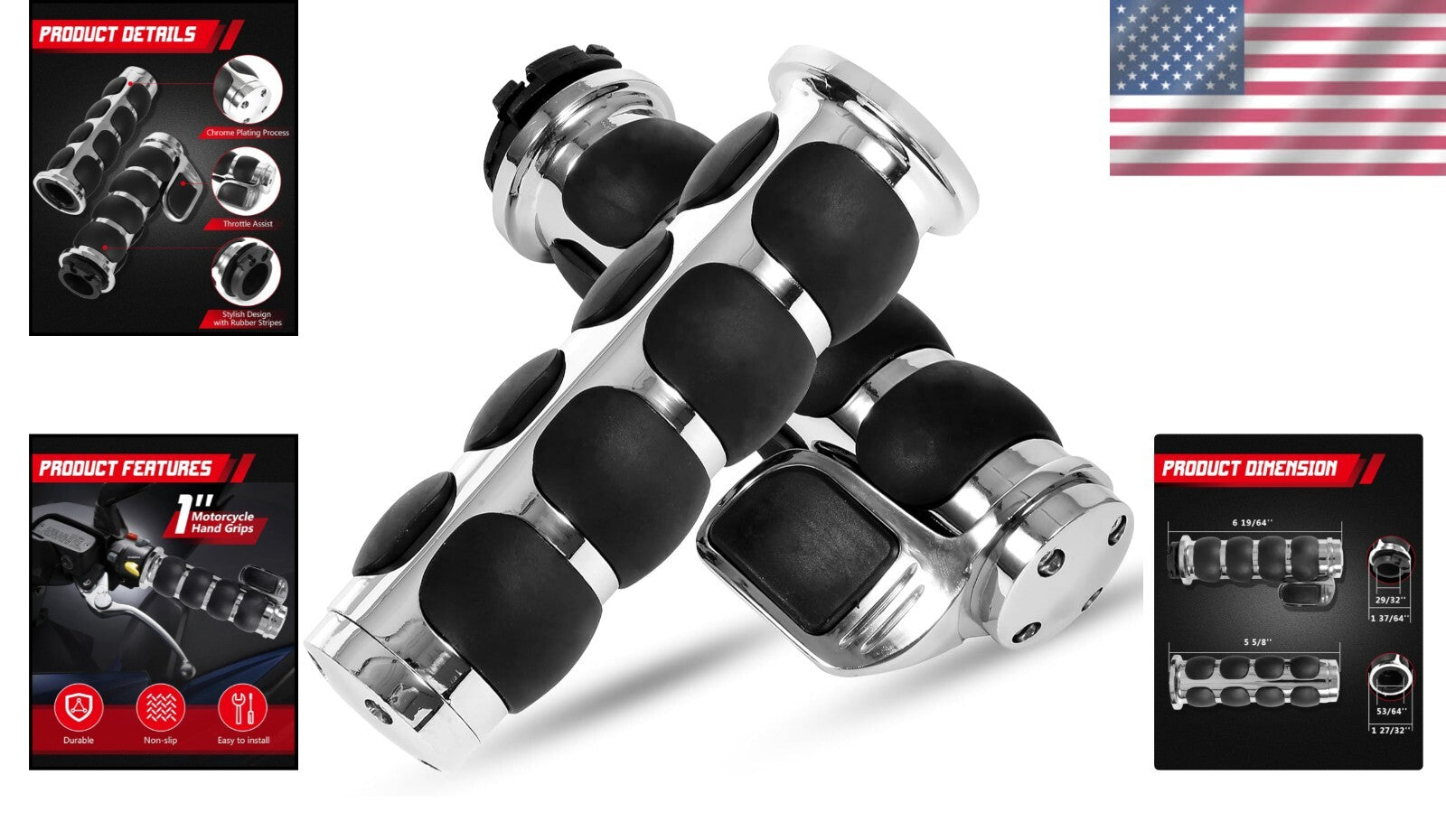 Chrome Black Aluminum Handgrips for Street Bikes - Vibration Dampening Comfort