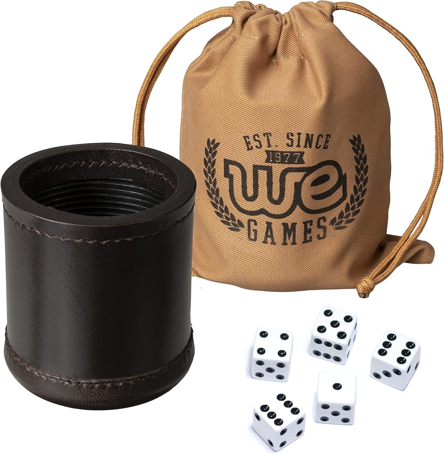Handmade Luxury Dark Brown Leather Dice Cup Set with 5 Dice & Carry Bag