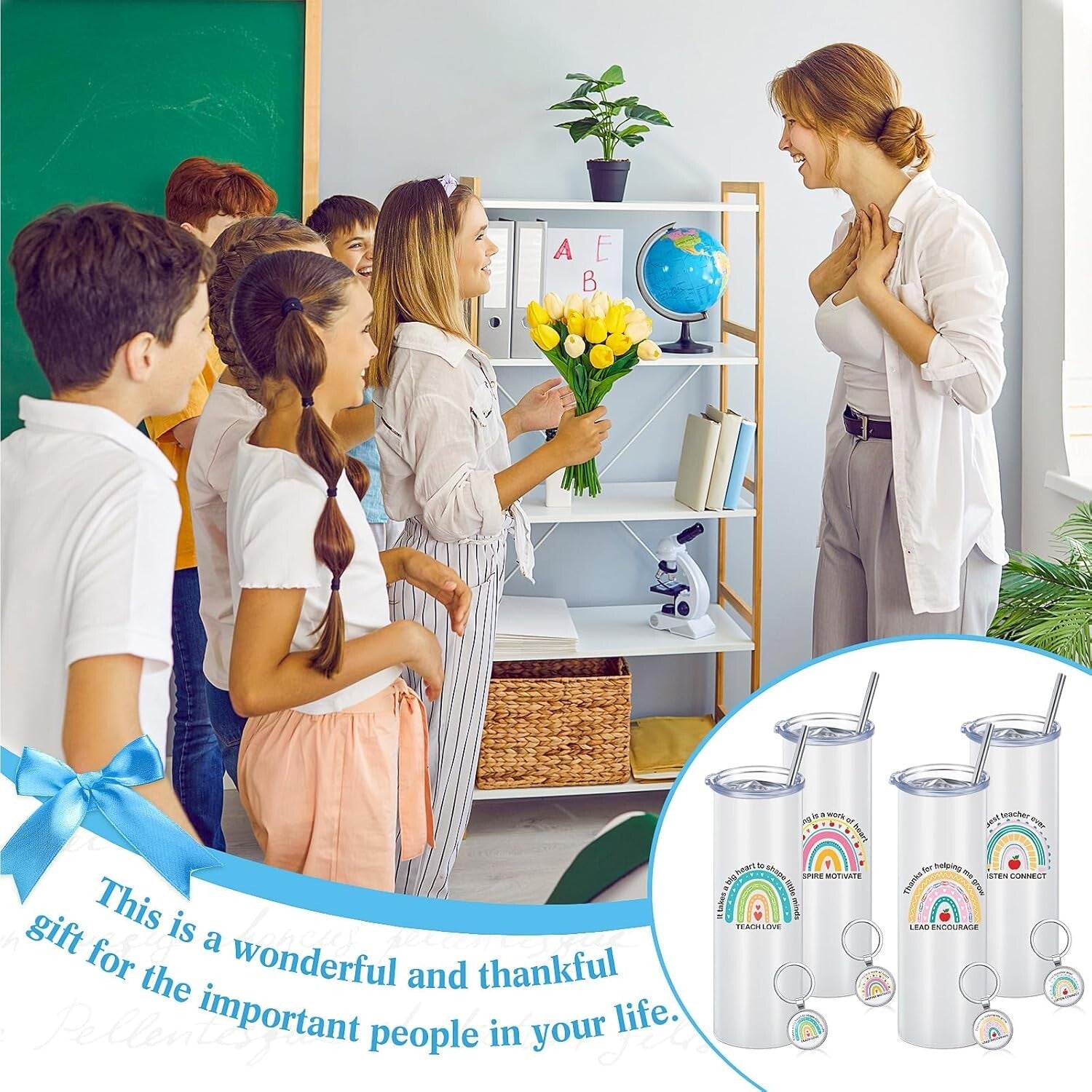 Elegant Insulated Teacher Travel Mugs & Keychains - Set of 4 in Rainbow Style