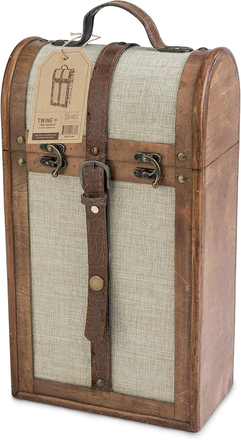 Customizable Vintage Trunk Wine Gift Box with Brass Buckles - Holds 2 Bottles