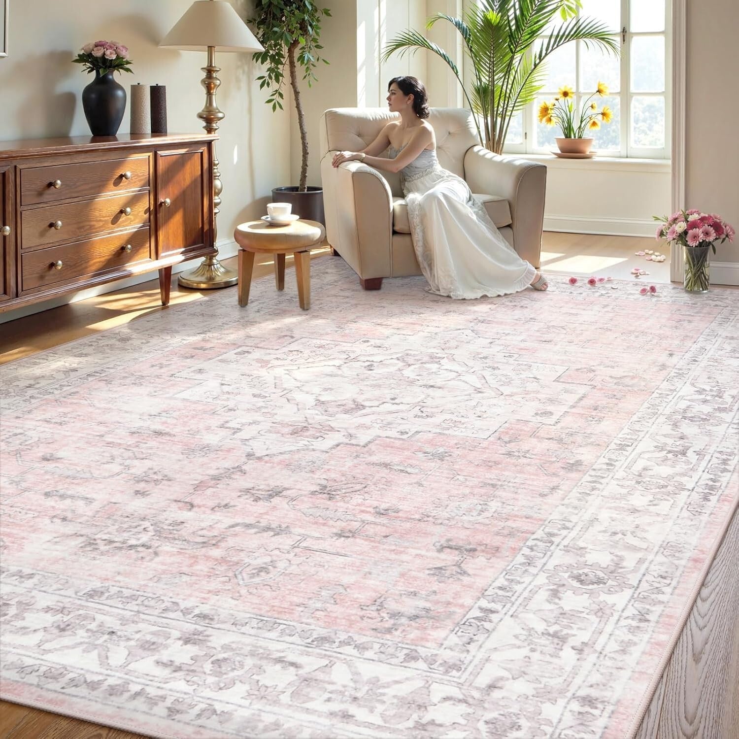 Stain-Resistant 10x14 Pink Rug - Soft, Braided Carpet for Living Room & Nursery