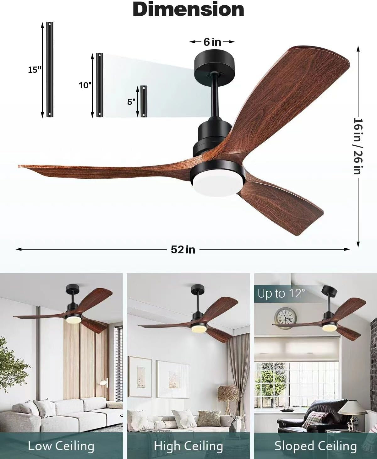 Quiet 3-Blade Ceiling Fan with Light and Remote, 52 Inch for Indoor/Outdoor