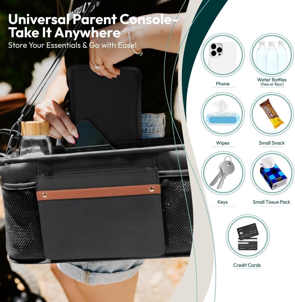 Enhanced Parent Console for Strollers with Baby Wipes Holder & Removable Strap