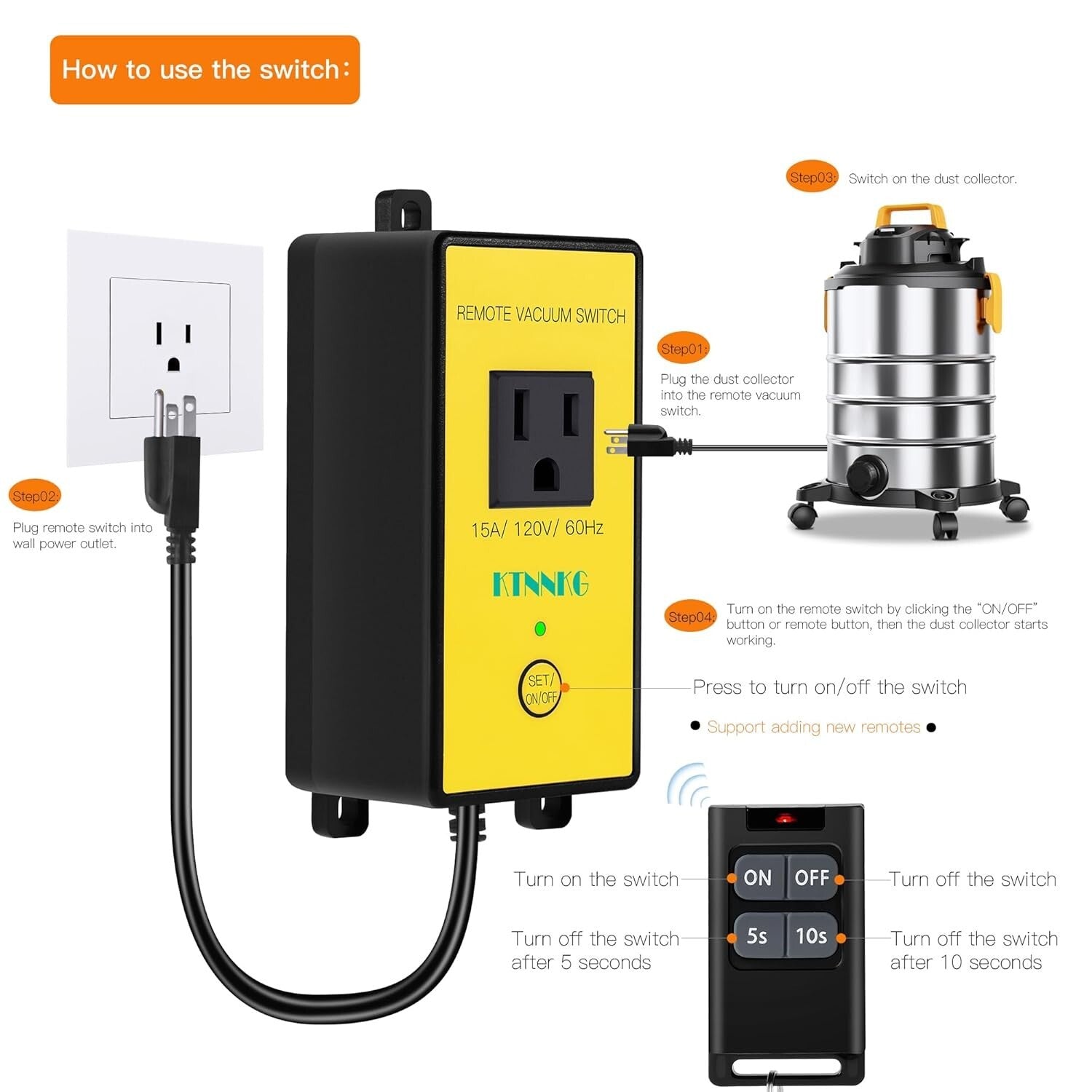 Wireless Remote Control Dust Collector Outlet Switch with 2 Remotes, 120V