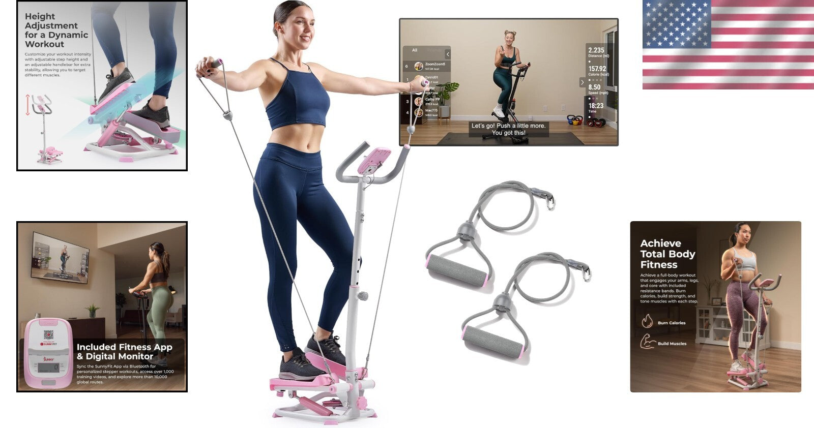 2-in-1 Smart Workout Machine with Resistance Bands - Total Body Fitness in Pink