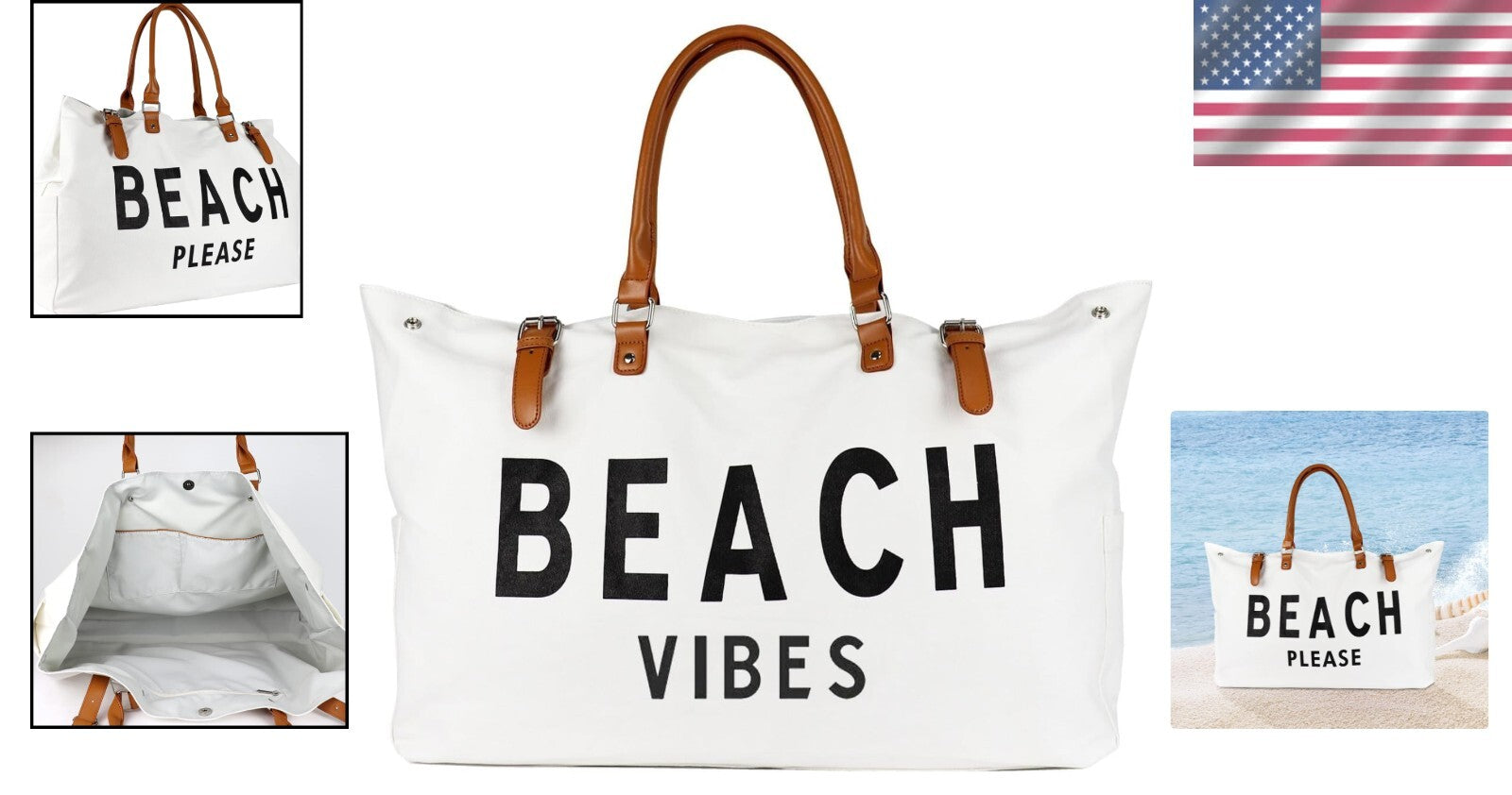 Extra Large Waterproof Beach Bag with Vegan Leather Handle - 'Beach Vibes' Charm