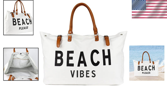 Extra Large Waterproof Beach Bag with Vegan Leather Handle - 'Beach Vibes' Charm