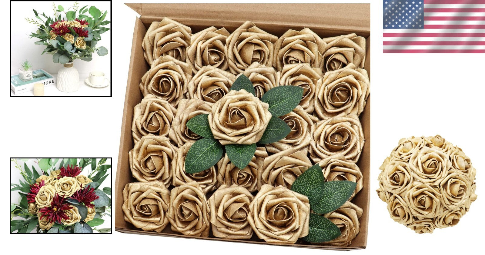 Versatile 50PCS Gold Fake Roses with Silk Leaves for Baby Showers and Home Decor