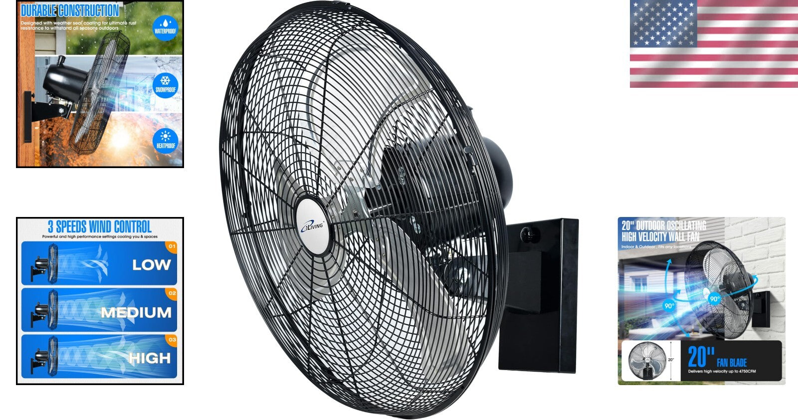 Adjustable 20" Black Wall-Mounted Oscillating Fan - Ideal for Garages & Patios