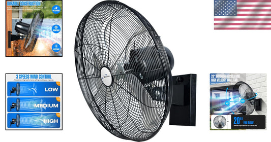 Adjustable 20" Black Wall-Mounted Oscillating Fan - Ideal for Garages & Patios