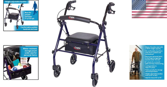 Portable Steel Rollator Walker with Seat and Locking Wheels - Ideal for Seniors