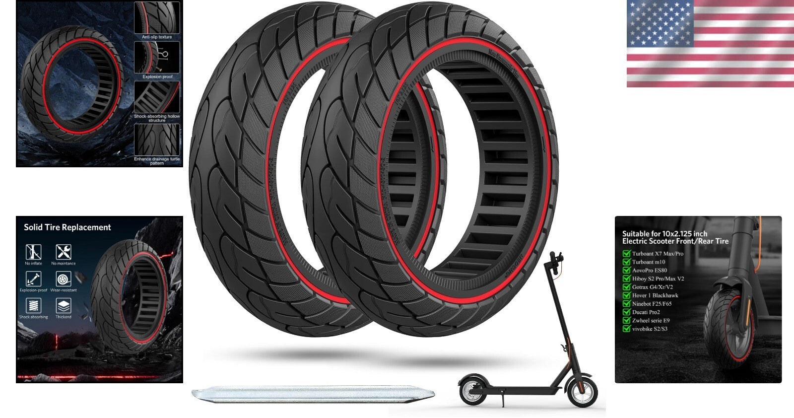 Durable 10x2.125 Solid Rubber Tire - Anti-Puncture for Electric Scooters (2pcs)