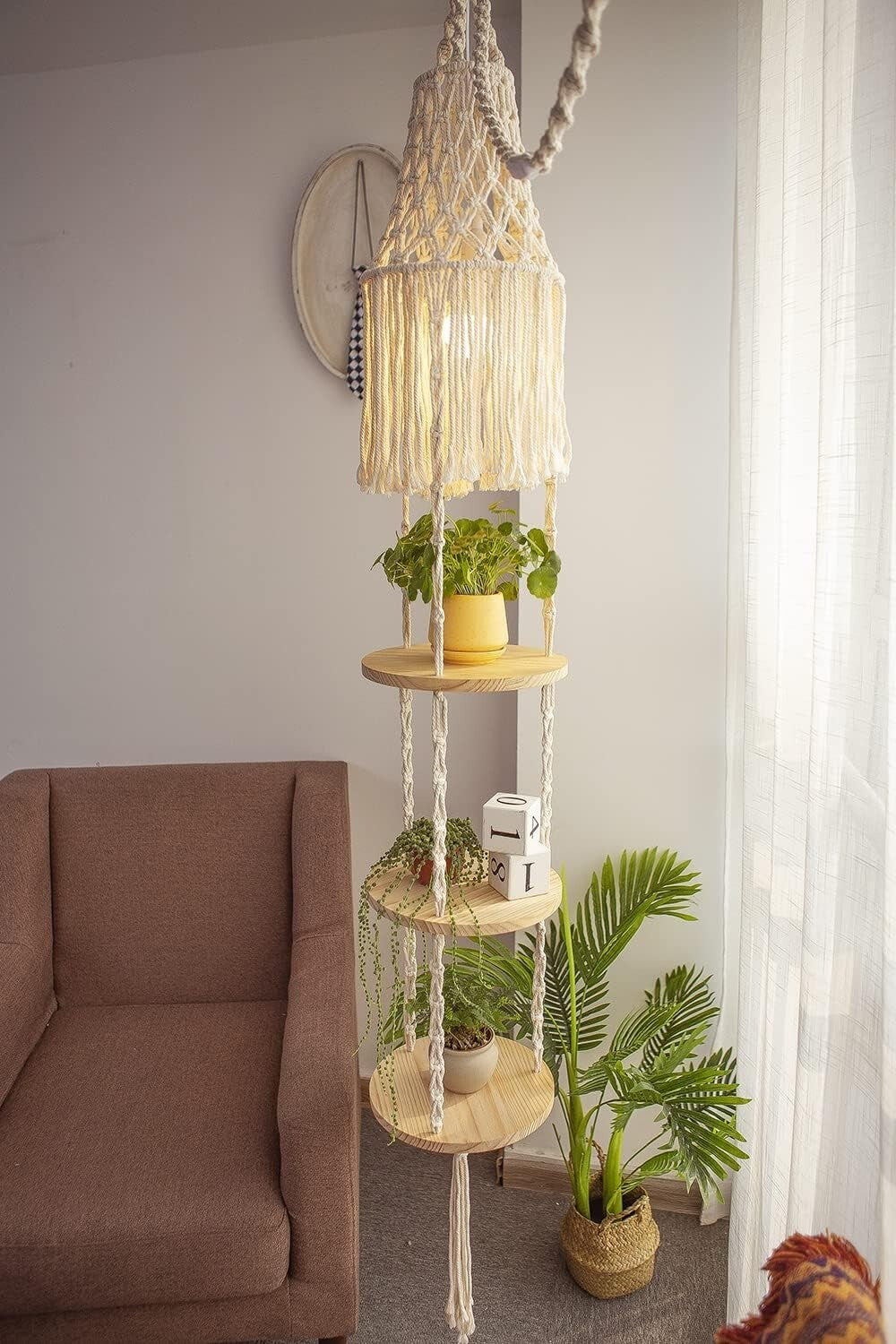 Boho Macrame 3-Tier Floating Shelf with Handwoven Lampshade & Light Socket