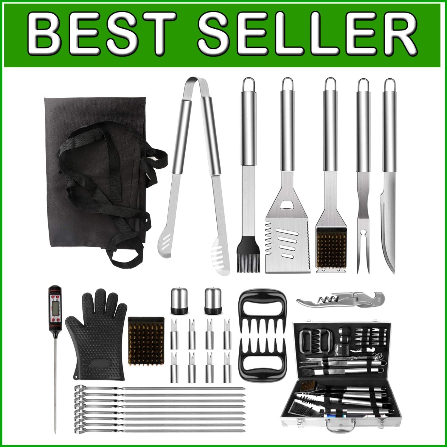 Durable 32-Piece Grill Tool Set with Silicone-Handled Utensils & Portable Case