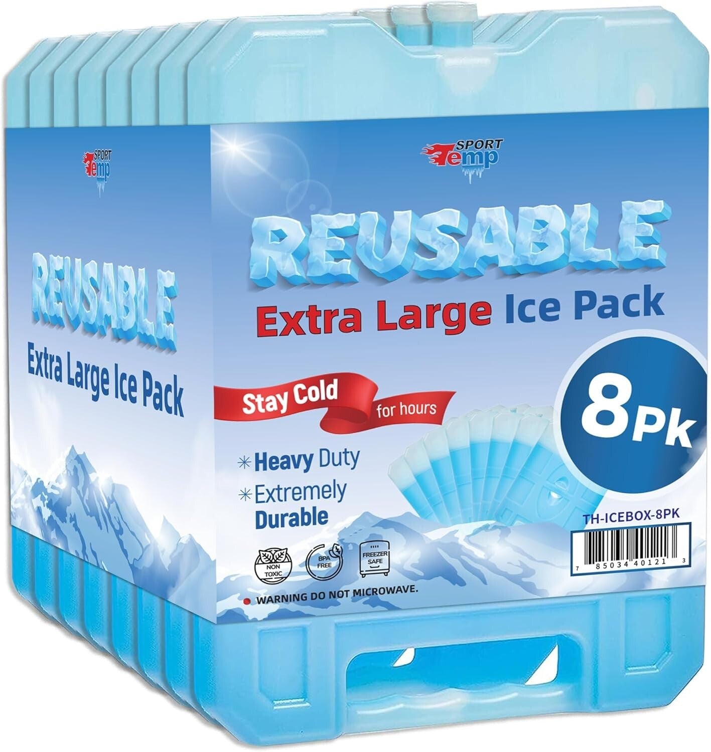 8-Pack Jumbo Reusable Ice Packs - Keeps Food & Beverages Cold for Hours