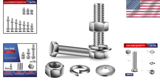 1/2-13 x 2" Fully Threaded Hex Bolts with Flat & Lock Washers - 18-8 Steel Set