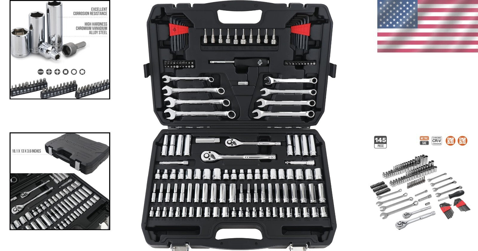 Durable SAE & Metric Mechanic Tool Set with Polished Chrome Finish - 145 Pieces