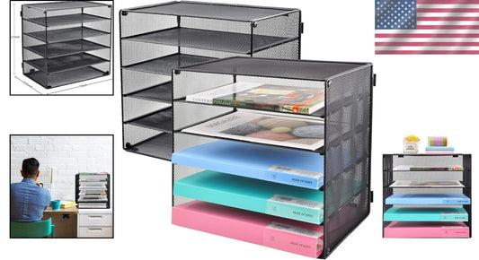 Durable 5-Tier Paper Tray for Office - Elegant Black Metal Storage Solution