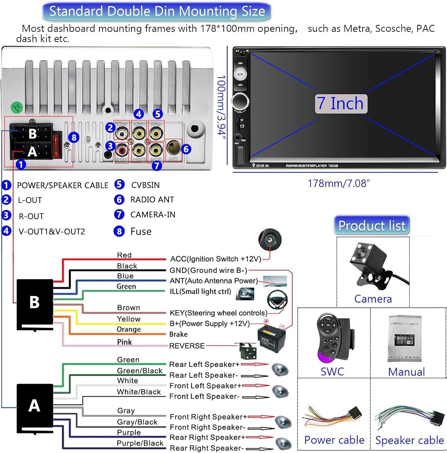 Sleek Double Din 7-Inch Touchscreen Car Radio with Hands-Free & Video Playback