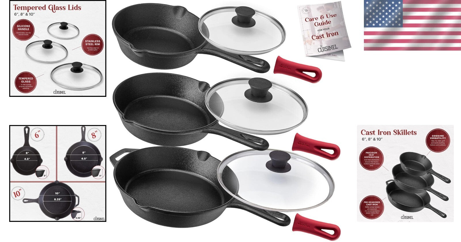 Induction Compatible 3-Piece Skillet Set - Cast Iron with Silicone Handles