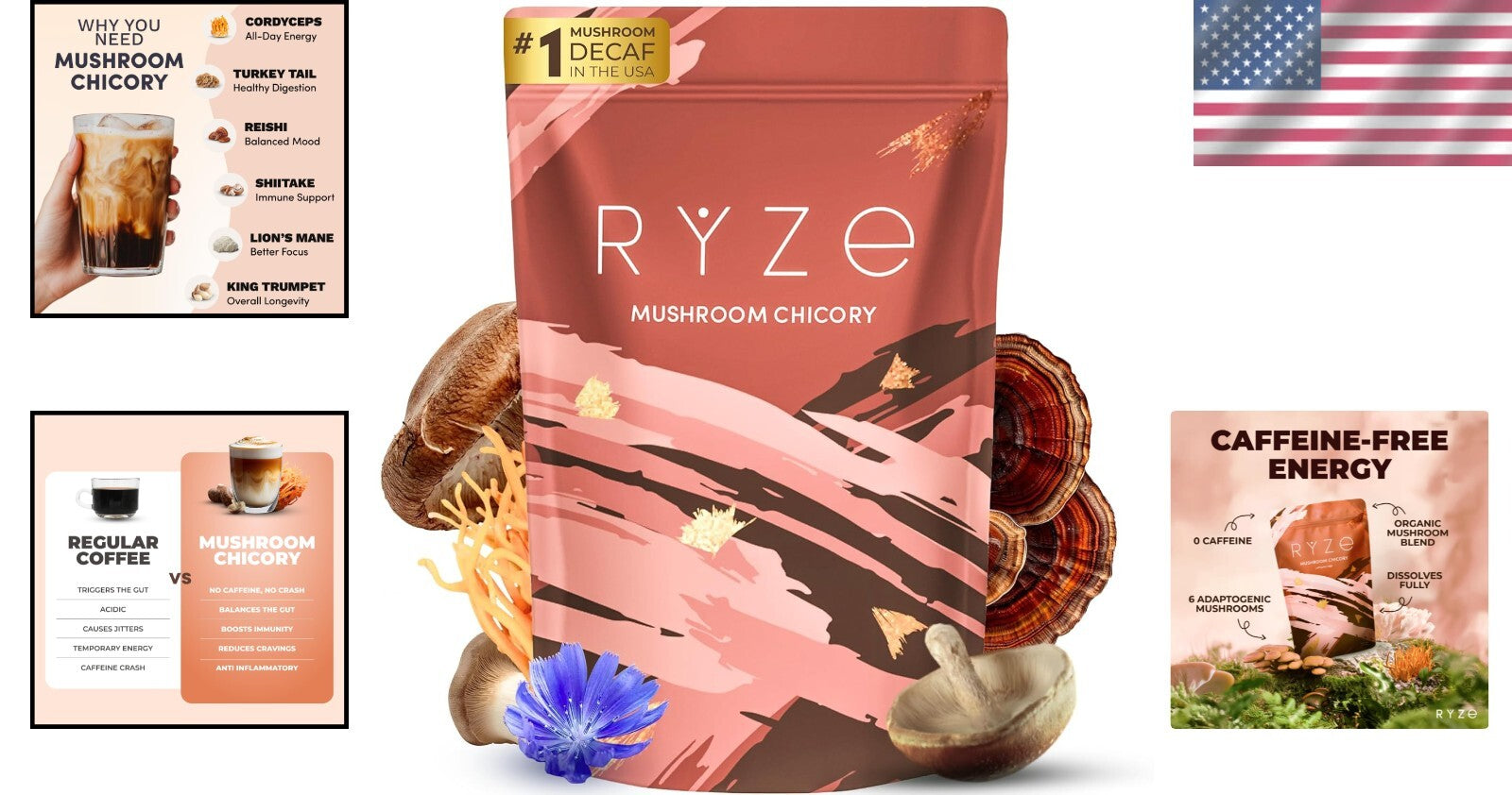 Organic Caffeine-Free RYZE Mushroom Chicory - 6 Adaptogens for Focus & Wellness