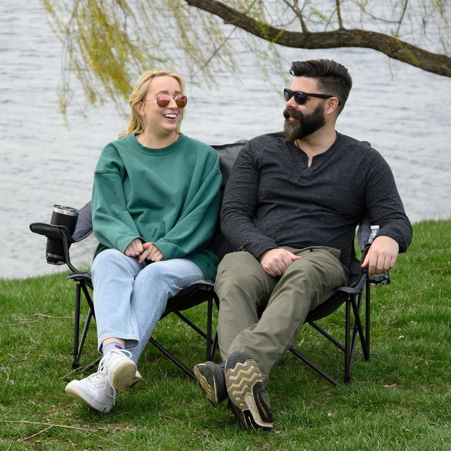 Grey Folding Camping Chair Loveseat for 2 - Perfect for Intimate Outdoor Moments