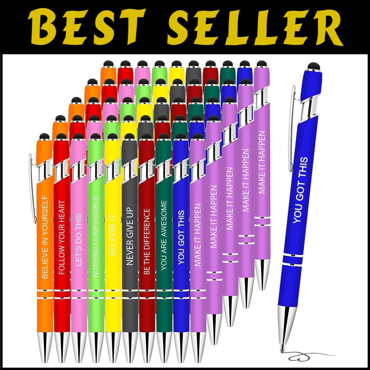 50-Piece Inspirational Pens with Stylus Tip - Motivational Quotes for Coworkers