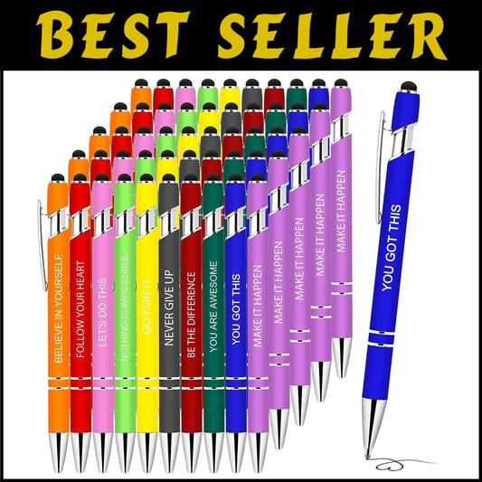 50-Piece Inspirational Pens with Stylus Tip - Motivational Quotes for Coworkers