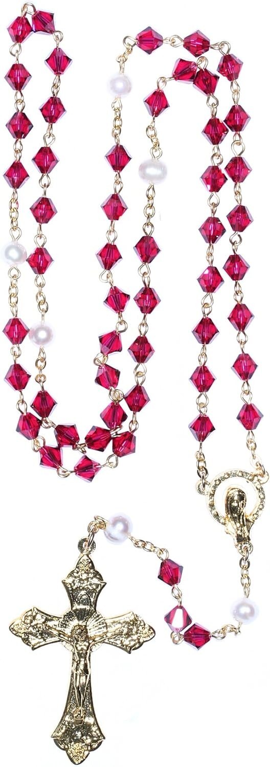 Exquisite 18'' Ruby Crystal Rosary with Gold Finish & Prayer Guide Included