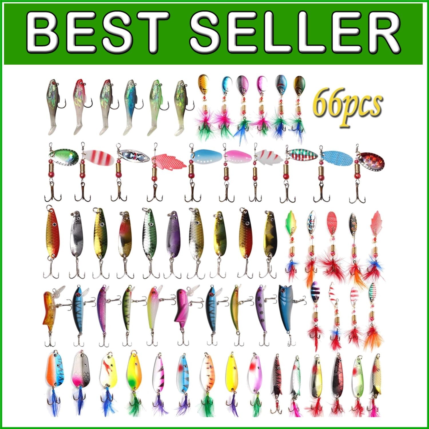 Premium Spinner Baits & Lures Kit Includes 66pcs for Bass, Pike, Trout Fishing
